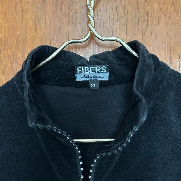 Vintage FIBERS Barbara Lesser Black Velvet Rhinestone Zipper Jacket Size XL - Picture 3 of 6